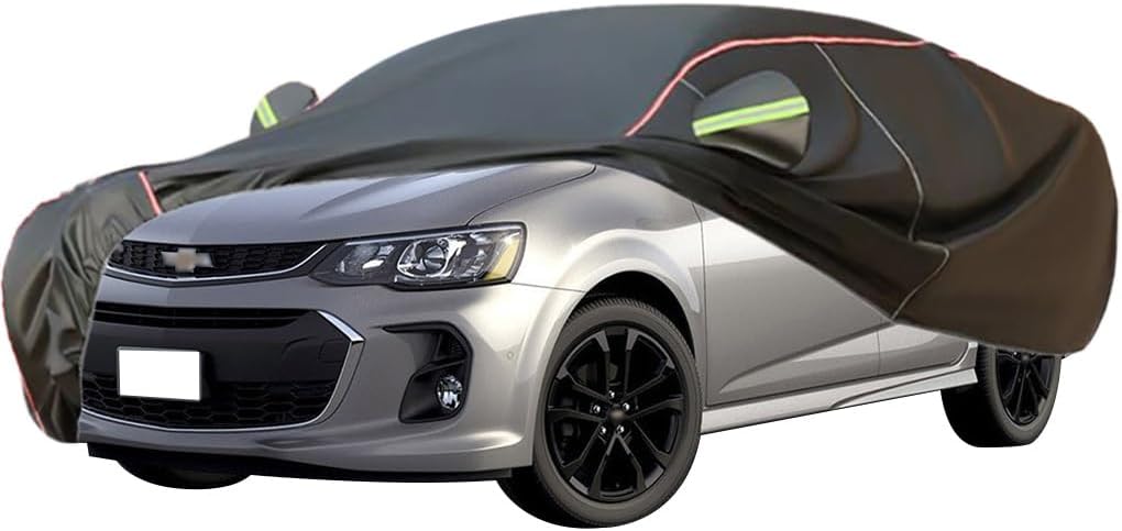 WOLWES Car Cover are Suitable for Chevrolet Aveo Saloon All-Weather Windproof, Snowproof, Rainproof, UV-Protected and Breathable All-Season Universal with Side Door Zip Oxford Cloth Car Cover (Color