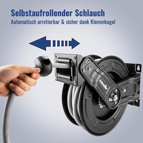 Poppstar Druckluftschlauchtrommel aus Stahl (20m+2m, Durchmesser (9,2x15mm)), Anschlüsse 1/4 Zoll BSPT