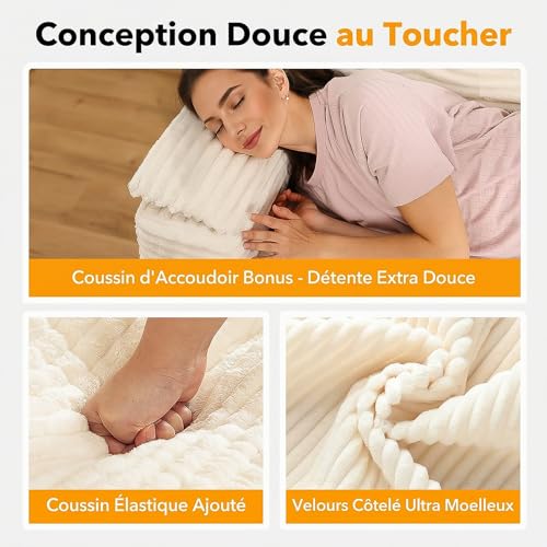 Canapé 3 places velours côtelé blanc 190 cm Fabulcozy