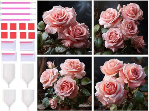 Diamond Painting Roses Lot de 4 Kits Complets Carrés 40x40cm pour Décoration Murale