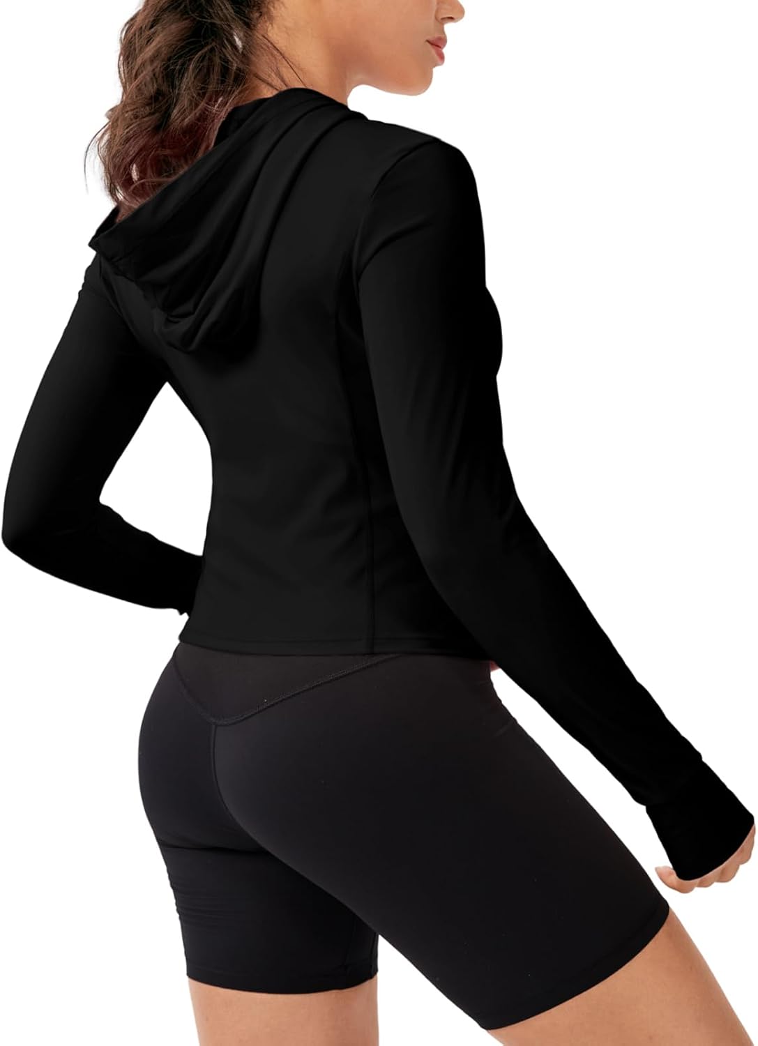 Auxo Women's Workout Jackets UPF 50+ Lightweight Zip Up Cropped Athletic Jacket Slim Fit Hooded Running Yoga Tops Thumb Holes