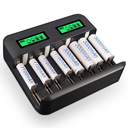 PALO Ladegerät Akkuset - 8-Fach USB LCD AA AAA C D Ladegerät mit 4Pack AA 3000mAh & 4Pack AAA 1100mAh NI-Mh Akkus