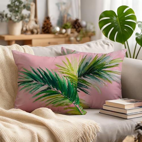 Image of Summer Pink and Green Tropical Palm Leaf Decorative Throw Pillow Cover Decor 18x18,Palm Leaf Botanical Decorative Lumber Beach Plant Throw Pillow Cover for Cabin Couch Double-Sided Set of 2