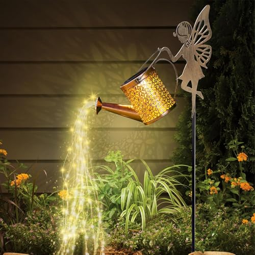 XERGY Solar Powered Garden Decor Metal Fairy Watering Can String Light Statue with Angel Stand – Waterproof, Outdoor Decorative, Auto On/Off Dusk to Dawn for Lawn, Terrace & Balcony Decor-Warm White