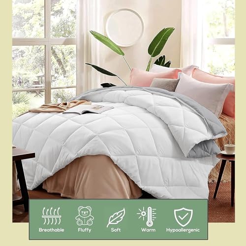 Image of Filbert 600 GSM Comforter for Double Bed | Super Warm Winter Quilt /Rajai | Thick Microfiber Blanket with Cloud-Soft Fill | Luxury Bedding for Winters - 90x100 Inch | Silver /Medium Blue