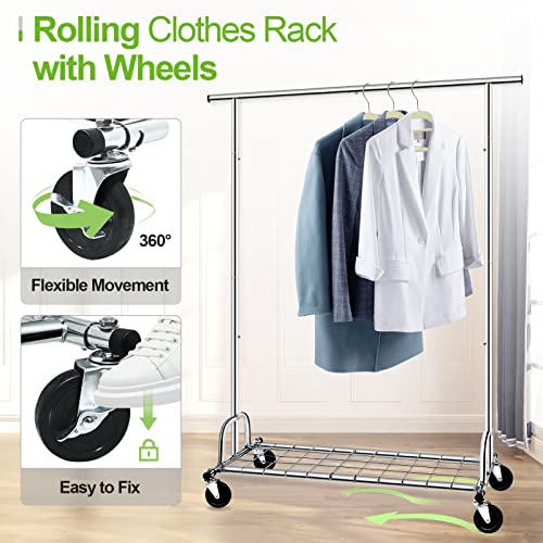 Specilite Clothes Rack Heavy Duty Load 480Lbs, Grament Rack With Extensible Size, 75" L, Rolling Clothing Rack 2-In-1 With Sturdy Wheels And Shelves, Collapsible Wardrobe Rack, Chrome #TOP4