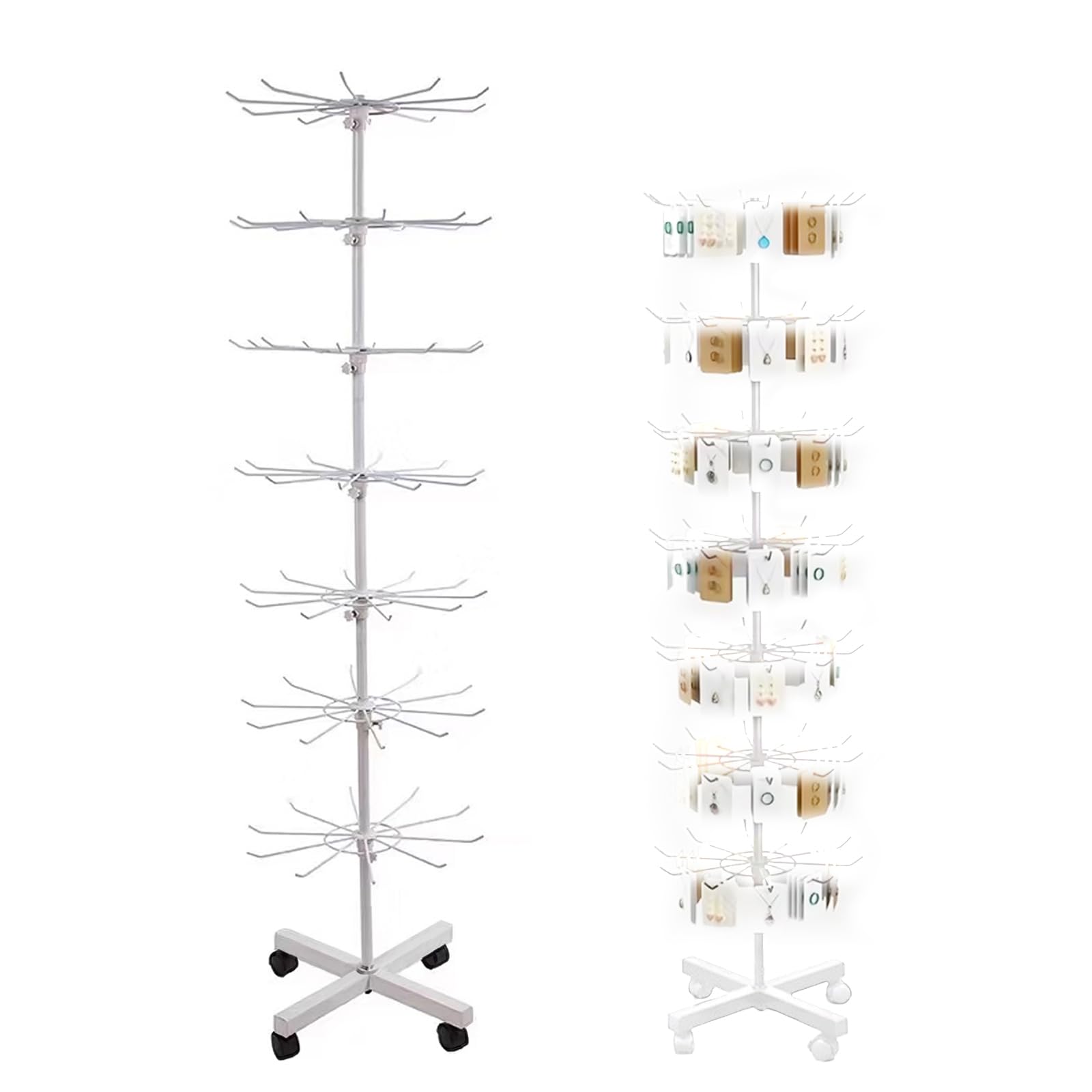 Espositore girevole a 7 livelli, diametro 40 cm, altezza 160 cm, con gancio, supporto girevole per gioielli, in metallo per catena, sciarpe, calze, cartolina (bianco)