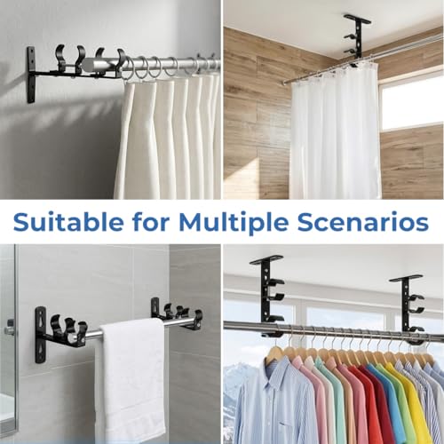 Image of HASTHIP Double Layer Wall Mounted Curtain Rod Brackets with Screw Kit, Telescopic Carbon Steel Curtain Holders, Black Finish Drapery Rod Support Brackets for Window Treatment Hardware
