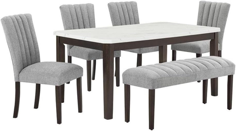BOWERY HILL 6-Piece Dining Set, Faux Marble Table, Gray Linen Chairs & Bench, Espresso Legs, 30" H x 38" W x 64" D Table, Modern Style, Perfect for Kitchen or Dining Room