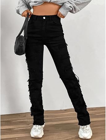 Women Ripped Stacked Jeans Distressed Straight Leg Denim Pants