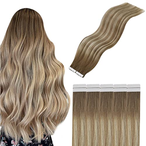 YoungSee Balayage Tape in Hair Extensions 14 Inch Human Tape in Hair Extensions Ombre Highlight Real Hair Tape in Extensions Light Brown with Platinum Blonde 20pcs 50g