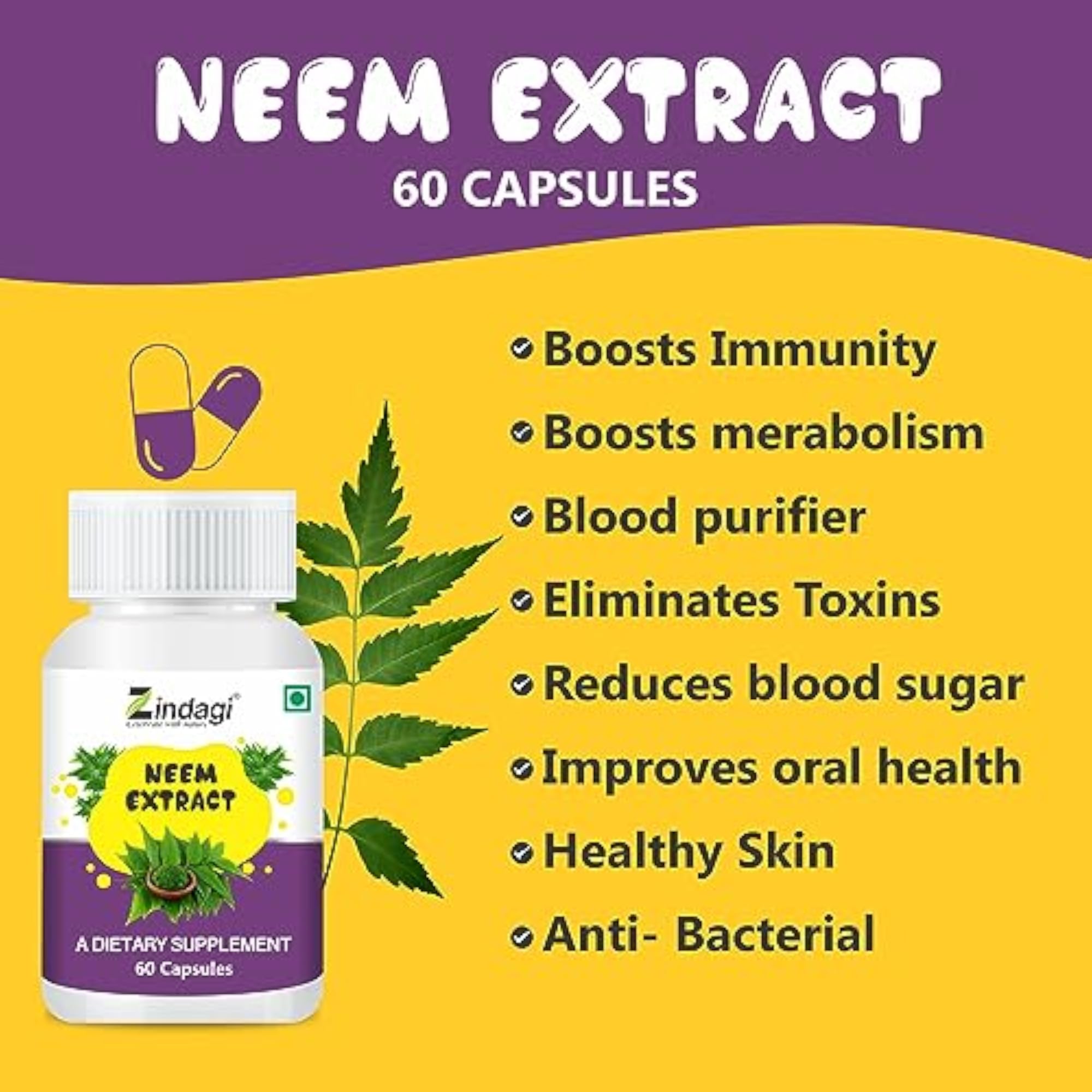 Neem Extract Capsules, 100% Pure Dietary Supplement