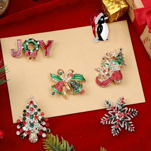Image of 6 Pieces Merry Christmas Pins Brooch, Rhinestone Crystal Christmas Pin Enamel Christmas Bells Snowflake Penguin Brooch Christmas Decoration Ladies Holiday Gift Jewelry Party