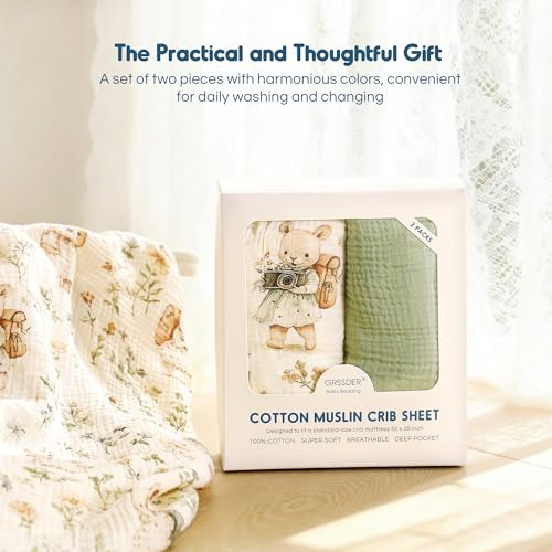 Image of GRSSDER 100% Cotton Muslin Crib Sheet 2 Pack - Breathable & Ultra-Soft Fitted Crib Sheets for Standard Baby & Toddler Mattresses, 52 inchx28 inch with 9 inch Deep Pocket, Snug Fit All-Around Elastic