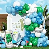 Hole In One Balloon Garland Arch Kit 132 Blue Green White Latex Balloons With Golf Cart And Ball Foil Balloons For Hole In One First Birthday Golf-Themed Retirement Party Decoration