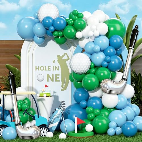 Hole in One Balloon Garland Arch Kit 132 Blue Green White Latex Balloons with Golf Cart and Ball Foil Balloons for Hole in One First Birthday Golf-Themed Retirement Party Decoration