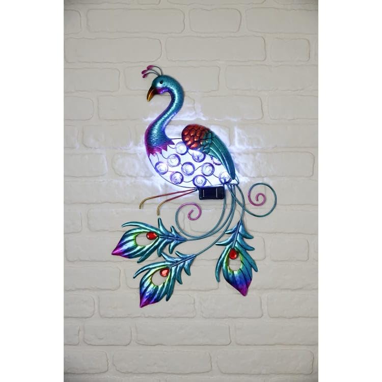 New Adorable Solar Powered Peacock Wall Art With 10 Cool White LED lights,Rechargeable Battery Garden Ornament Wall Art Suitable For Outdoor Decor -A76