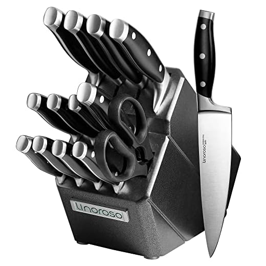 Linoroso Juego de Cuchillos de Cocina Multifuncionales de 14 Piezas de Acero Inoxidable Forjado Ultra Afilado Juego de Cuchillos de Chef de Acero al Carbono Forjado Alemán - Colección Clásica