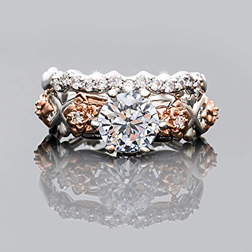 Silver Plated Two-in-One Halo Wedding Engagement Proposal Eternity Square Ring Set Round Cut Created White Topaz CZ Cubic Zirconia Pave Filled Women's Band for Bridal Mom Lover4