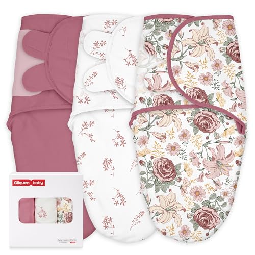 Image of GLLQUEN BABY Swaddles for Newborns 0-3 Months, Adjustable & Easy Fastener | 3-Pack, Baby Girl Swaddles Organic Cotton Womb-Like Nursery Swaddling Blanket reduces startle reflex, Soft & Skin-Friendly