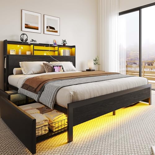Image of Rolanstar Queen Bed Frame with Storage Headboard & 4 Drawers, Metal Platform Bed with Charging Station, LED Single Bed with Side Shelf, No Box Spring Needed, Easy Assembly, Black