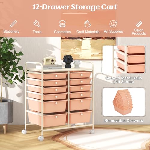 Image of LDAILY 12 Drawer Rolling Storage Cart, Craft Cart Organizer on Wheels w /Metal Frame, Large Capacity & Smooth Drawer, Rolling Cart w /Drawers for Classroom, Office