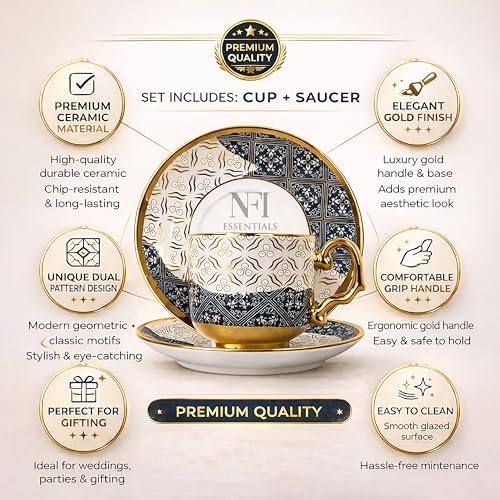 Image of NFI essentials Ceramic Cup & Saucer Set of 6 Pcs, Tea /Coffee Cup, Microwave & Dishwasher Safe, Premium Mug Perfect for Daily Use, Office, Gifting Elegant Golden Color Design 200ML