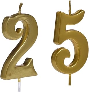 Bailym Gold 25th Birthday Candles, Number 25 Cake Topper for Birthday Decorations