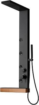 4 in 1 Shower Panel Tower System with Storage Shelf Stainless Steel Shower Panel with Body Jets Adjustable, Rainfall Waterfall Shower Head and Handheld Shower, Black