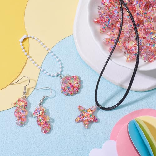 Crafans 24Pcs Marine Organism Charm Transparent Fish Tail Sea Horse Starfish Resin Dangle Charms Pink Inner Mermaid Shell Summer Charms for DIY Necklace Jewelry Making - Image 2