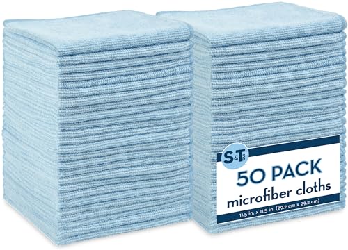 S&T INC. 50 Pack Microfiber Cleaning Cloth, Bulk Towels for Home, Reusable Microfiber Towels for Cars, Cleaning Rags, Light Blue, 11.5 Inches x 11.5 Inches, 50 Count