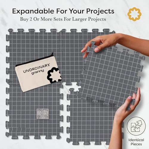 Image of Unordinary Granny Crochet Blocking Board Set - 9 Extra Thick Interlocking Mats with Grid, 150 T-Pins, Felt Storage Bag and Cotton Pouch - Blocking Board for Knitting, Crochet & Other Craft Projects