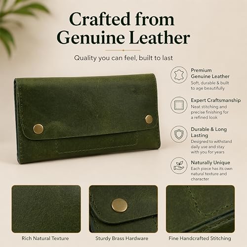 Image of Leather Currency Pouch - Handmade Cash Organizer with Double Button Closure & Zipper Pocket, Compact Money Holder for Travel & Everyday Use, 4 x 8 Inch (Green)