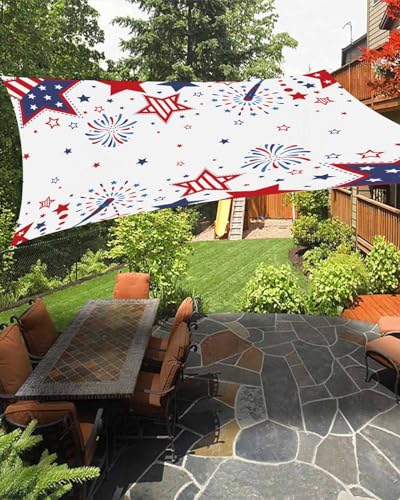 Boanket Sun Shade Sail 6.5' x 10', Red Blue Star 4th of July UV Block Sun Sails Shades for Outdoor Decor, Independence Day Fireworks Shade Cloth for Patio Deck Terrace Garden Lawns Beach Backyard