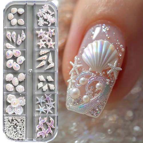 Summer Nail Charms Beach Nail Art 12 Grid Box Aurora White Starfish Seashell Conch Design Ocean Sea Theme Charms for Nails Summer Nail Decorations Nail Art for Women