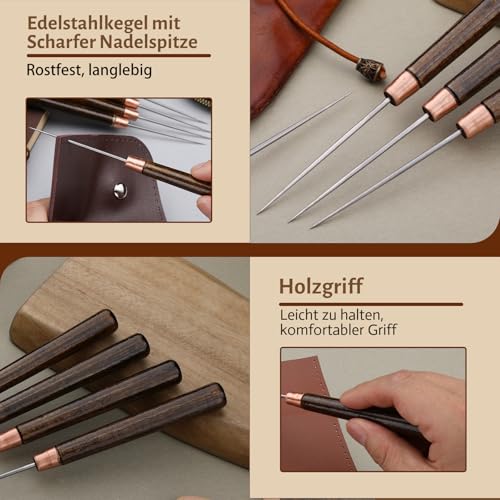 Reovin 6 Stück Ahle, Ahle Werkzeug Nähahle mit langem Holzgriff für Lederhandwerk, Leder Nähen Ahle mit Aufbewahrungsbox zum Stanzen, Nähen, Heimwerken, Leder Werkzeug, Reparieren