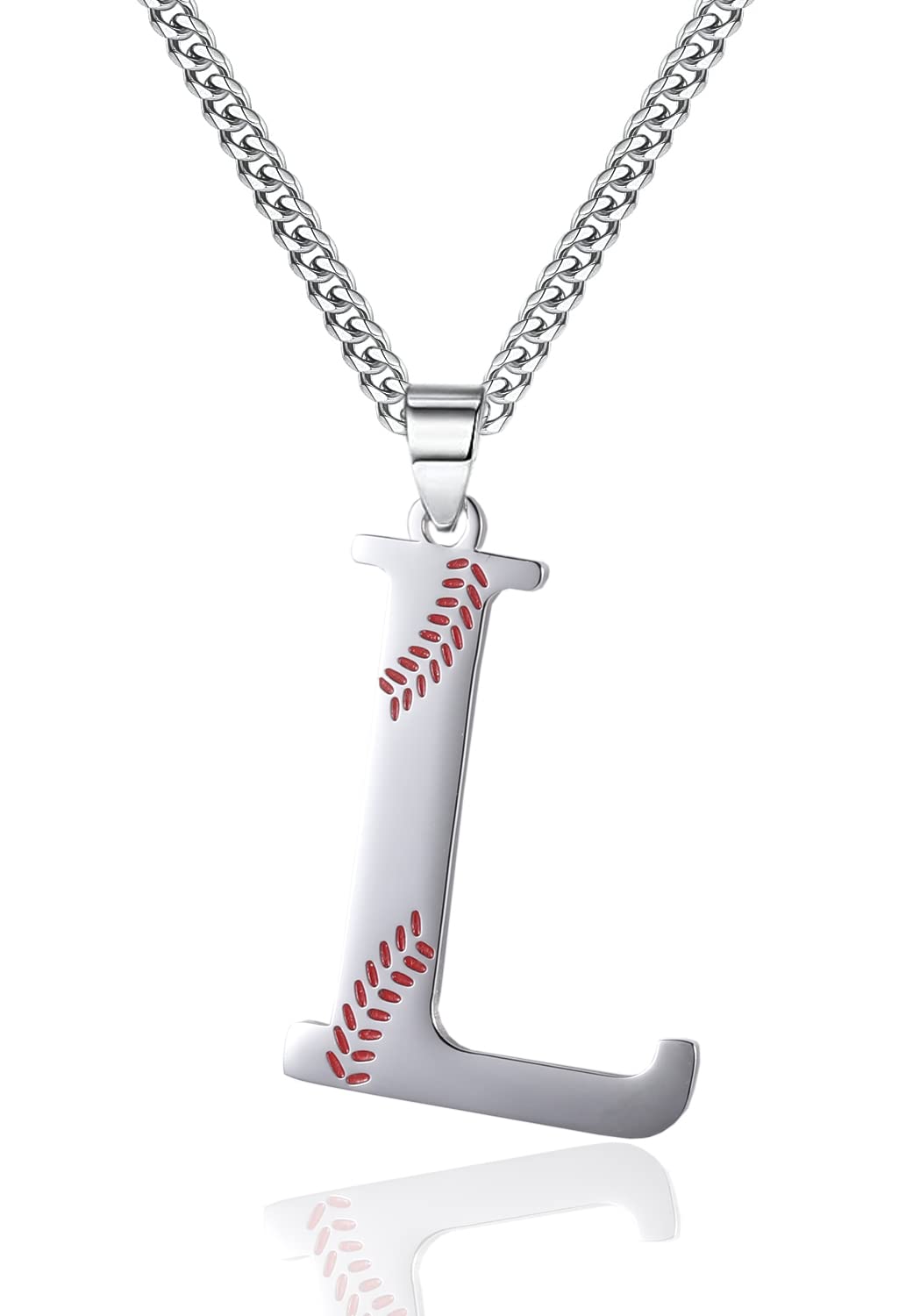 WIGERLON Baseball Gifts for Boys and Girls- Baseball Initial Necklaces A-Z for Women and Men,Titanium Stainless Steel Letter Pendant Necklace Silver and Black