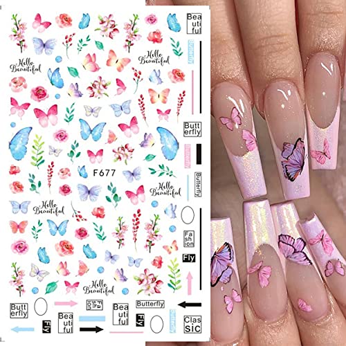Butterfly Nail Art Stickers , 3D Self-Adhesive Nail Decals Colorful Butterflies Spring Flowers Nail Designs For Acrylic Nails Supplies Manicure Decorations 8 Sheets #TOP6