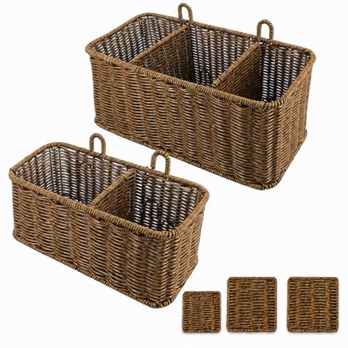 AceList Hanging Wall Basket with Removable Dividers, Set of 2 Woven Storage Baskets - Faux Rattan Wall Mounted Organizer for Kitchen Bathroom, Includes 5 Clear Hooks & 5 No-Mark Nails, Boho Decor