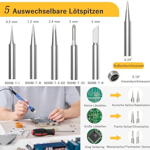 Bild 3 - Lötkolben 60W, Lötkolben Set mit Lötzinn, Temperatur Einstellbar 220-480℃, EIN/AUS Schalter, 30g Lötdraht, 5 Lötspitzen, Soldering Iron Set für Elektrotechnik Reparaturen Profi Hobbybastler