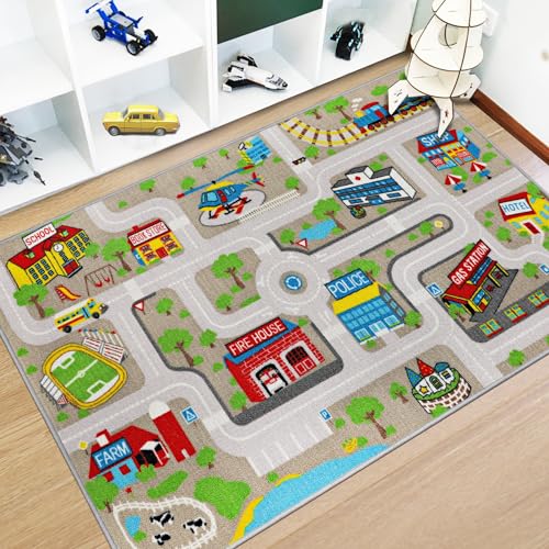 Capslpad Kinder Teppich Spielteppich für Kinder Stadt 100x160cm Rutschfest Kinderteppich Spielmatte Maschinenwaschbar Kurzflor Pädagogischer Spielteppich für Kinderzimmer Spielzimmer Dekor, Wüstengelb