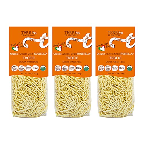3 PACKS ORGANIC ITALIAN DURUM WHEAT TROFIE PASTA â€“ Sicilian Ancient Grain Russello Vegan Pasta Crafted in Italy. LOW-GLUTEN INDEX. Has 6X More Fiber and Protein than Popular Grains. Al dente texture. Farm Fresh Pasta from Sicily, Italy
