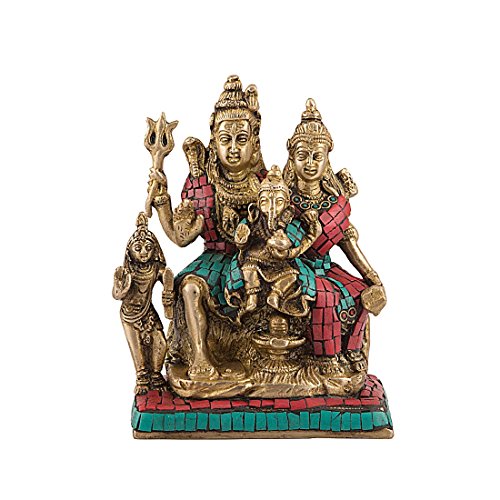Image of Collectible India Shiva Family Brass Sculpture - Shiv Shankar, Ganesh, Parvati, Kartikey Statue (Multicolour, 5.5x4 Inches)