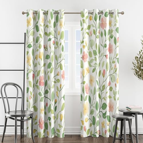 SZLYZM Green Leaf Pink Floral Blackout Curtains for Bedroom living Room, Flower Leaves Botanical Curtains 66x90, 90 Inch Drop Curtains 2 Panels Set, Thermal Eyelet Drapes Patterned Window Treatments