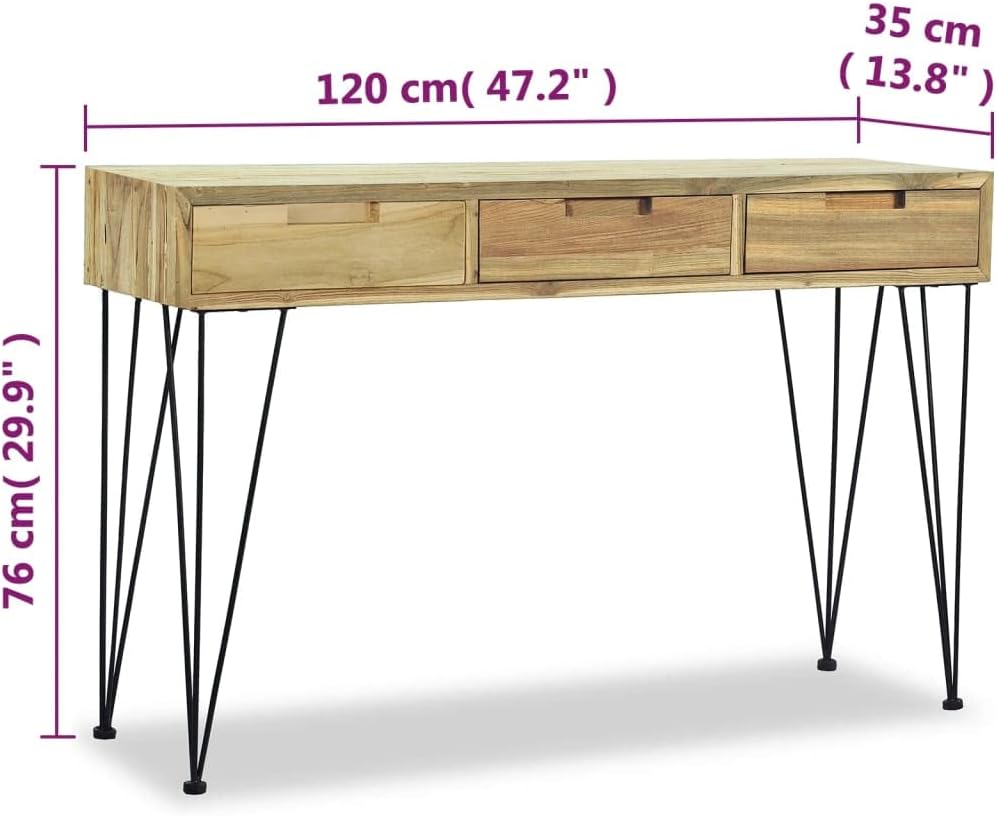 vidaXL Console Table, Entryway Table with Iron Legs, Narrow Side Table with 3 Drawers for Hallway, Living Room Furniture, Industrial, Solid Teak