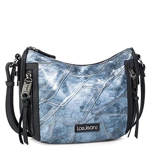 Lois - Bolso de Mujer Bandolera Tipo Góndola. Tamaño Mediano. Piel Metálico Patchwork. Estampado Denim. para Uso Diario. Práctico Cómodo y Ligero. Estilo y Marca. 304156, Color Azul