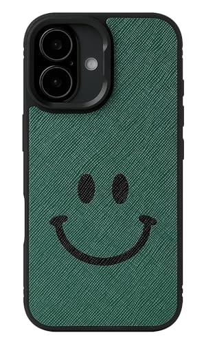 サフィアーノレザー 本革 スマホケース iPhone 16e 互換性 対応ケース スマイル ニコちゃん スマイリーフェイス MagSafe スマホスタンド ストラップ (ダークグリーン)