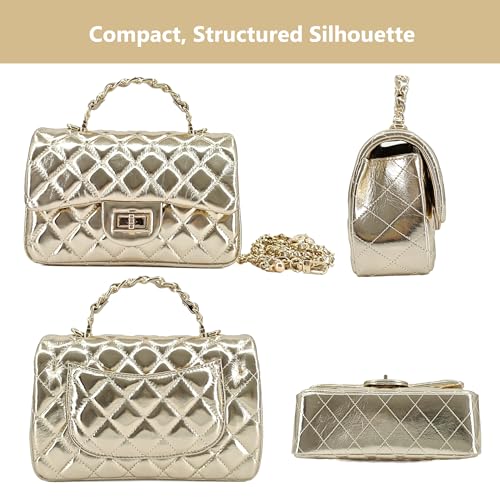 Image of M-ioi-M Small Quilted Crossbody Bags for Women,Leather Shoulder Bag with Gold Chain Strap,Metal Top Handle Flap Evening Purse
