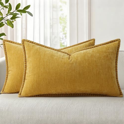 Image of decorUhome Fall Chenille Soft Cozy Throw Pillow Covers 12x20 Set of 2, Modern Farmhouse Boho Velvet Decorative Pillow Cases with Stitched Edge for Couch Sofa Bed Home Decor, Mineral Yellow