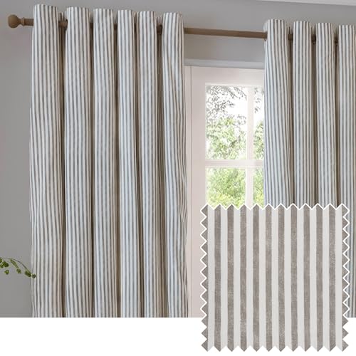 furn. Yard Hebden Eyelet Curtain Pair – Ultra Soft Cotton Lined Striped Curtains (Mole - 168x229cm)